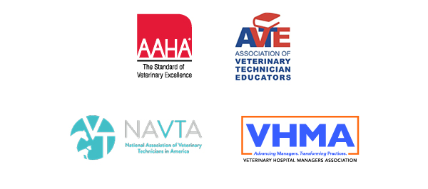 Community partner logos: AAHA - The standard of veterinary excellence, AVTE - Association of veterinary technician educators, NAVTA - National Association of Veterinary Technicians in America, VHMA - Veterinary hospital managers association